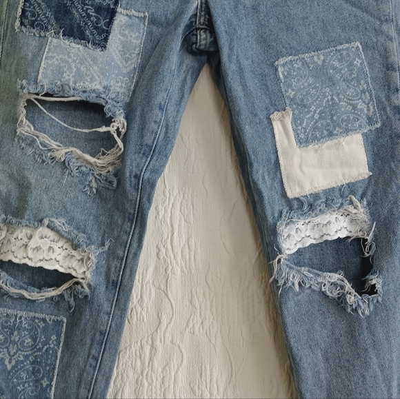 Simple Society Patchwork Straight Leg Jeans Lace Beaded Distressed Grunge Boho - Picture 3 of 13